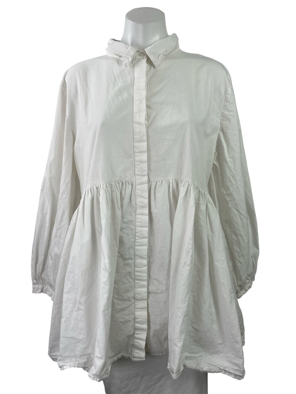 QED London White Long Balloon Sleeves Button Front Smocked Mini Shirt Dress 12